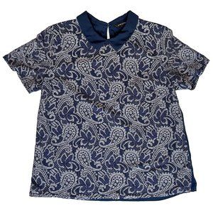 Banana Republic Blue & Silver lace front short sleeve collared blouse (Size L)